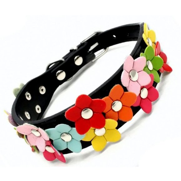 Della Terese Colorful Flowers on Black Dog Collar Size Small - Picture 7 of 7